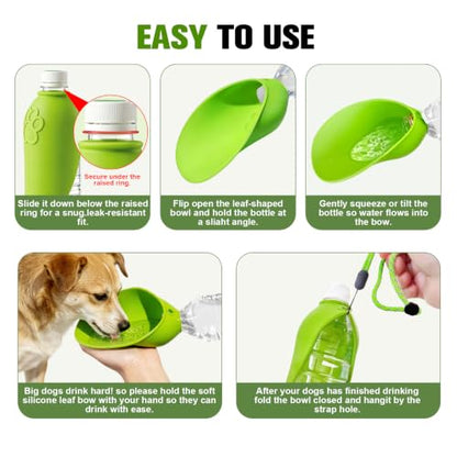 2pcs Portable Dog Water Bottle Attachment, Slip-On Pet Water Bowl for Walks | Silicone Dog Drink Dispenser, Fits Standard Water Bottles,Ideal For Daily Hiking & Travel, Quick Rinse & Easy Setup - color: Green+Pink