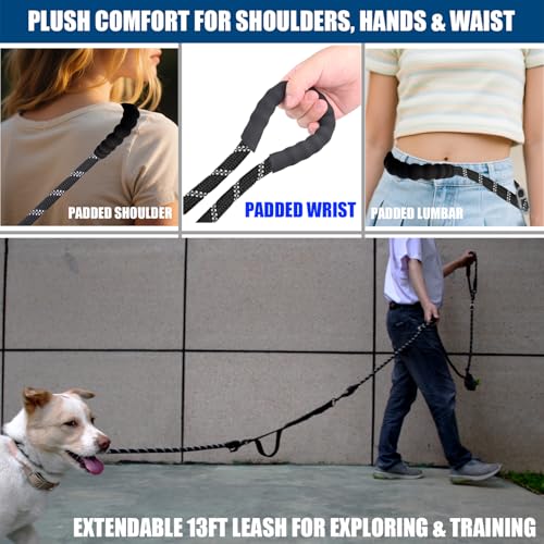 Hands Free Dog Leash Crossbody & Waist for Dog Walking, 13 ft 9-in-1 No Pull Heavy Duty Bungee Slip Lead Leash with 3 Padded Handles, Reflective & Tangle-Free for Large & Medium Dogs Black - size: 13 Ft