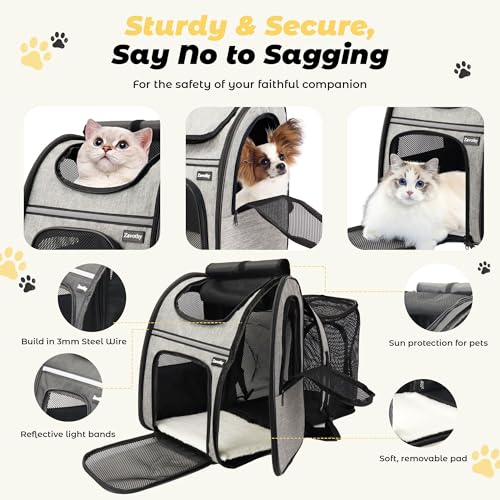 Zavothy Cat Backpack Carrier – Expandable Airline Approved Pet Travel Bag for Cats & Small Dogs, Breathable Mesh Pet Carrier Backpack with Padded Base (Grey) - color: Grey