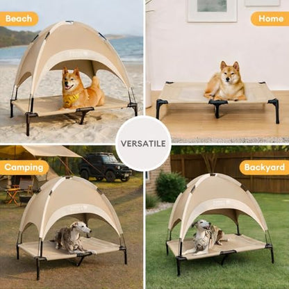 FUNNY FUZZY Elevated Dog Bed with Canopy, Small (24"x18"x7") – Outdoor Raised Dog Cot with Shade, Cooling Breathable Mesh Pet Bed, Portable Waterproof Dog Camping Bed for Large Medium Small Dogs,Khaki