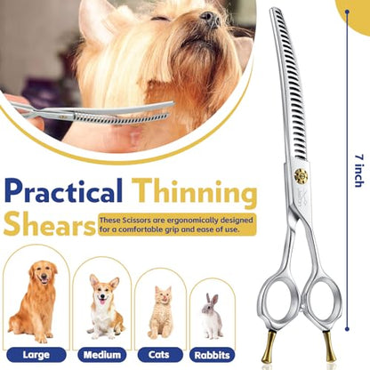 JASON 7" Dog Grooming Shears - Professional Down-curved Chunker Shears with 60%-65% Thinning Rate, Japanese 440C Stainless Steel Dog Grooming Chunkers with Adjustable Screw (28 Teeth, Silver) Gift - style: Down-curved Chunker