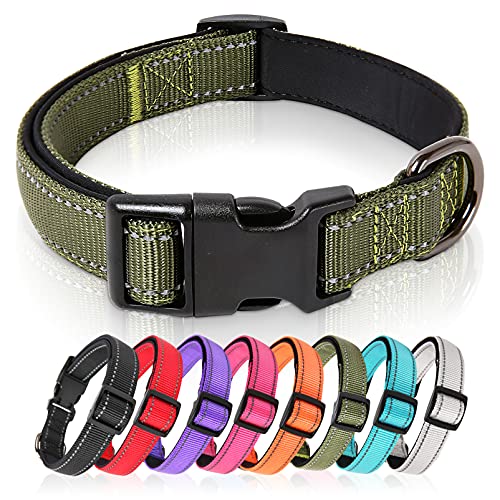 HEELE Dog Collar, Reflective Dog Collar, Soft Neoprene Padded Breathable Nylon Pet Collar Adjustable for Large Dogs, Army Green, L(15.74-25.98")