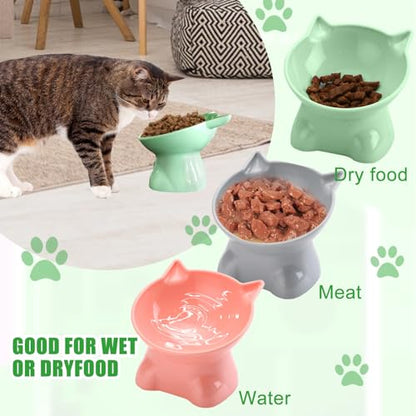 3PCS Elevated Cat Bowls, 15° Tilted Raised Cat Food Bowl Anti-Vomiting, Raised Cat Food and Water Bowl Set for Protecting Pet's Spine, Shallow Cat Food Dish Whisker Friendly - color: Cute Style