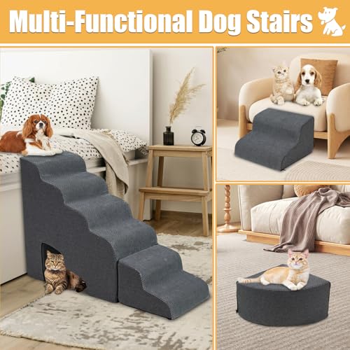 Dog Stairs for High Beds up to 30-36inch, A.FATI 6 Tiers Dog Steps Pet Stairs Adjust to Left Side of Bed, Non-Slip Pet Ramp for Small Dogs/Old Pets - color: Dark Grey L-shape 30" H
