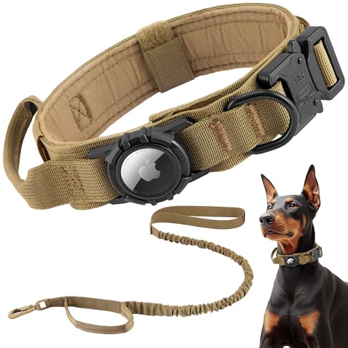 Tactical AirTag Dog Collar Leash Set - Heavy Duty, Adjustable GPS Collar Compatible with Apple AirTag, with Holder & Control Handle for Medium/Large Dogs [ Brown, M ] - color: Brown-SET, size: M(15"-18.5")