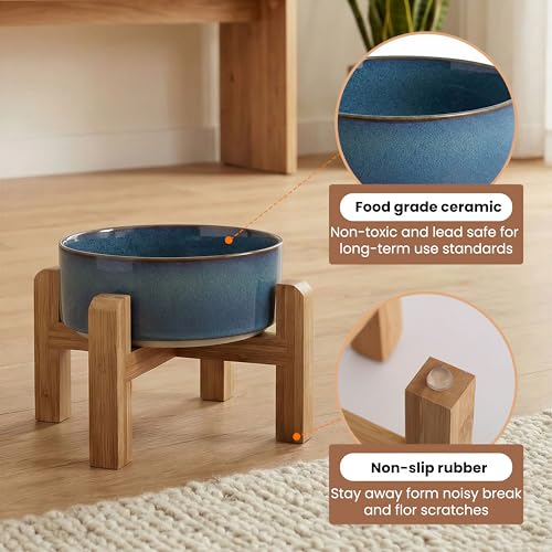 hjn Elevated Ceramic Dog Bowl with Bamboo Stand, Raised Pet Feeding Station for Small Medium Dogs Cats, Modern Design with Anti-Slip Base (Deep Blue, 3.6Cup) - color: Deep Blue, size: 3.6Cup