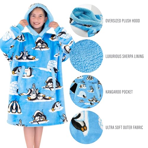 LazyOne Oversized Kid Blanket Hoodie, Oversized Hoodies for Girls and Boys, Wearable Blankets - color: Out Cold Penguin Kid Blanket Hoodie