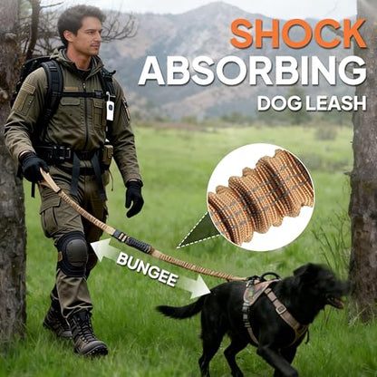 Twoear Heavy Duty Dog Leash for Large Dogs that Pull, 4-7FT Shock Absorbing Bungee Leash with Traffic Handle, Metal Frog Clip, Car Seatbelt, Reflective Tactical Leashes for Medium to Large Breeds