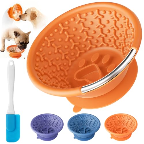 Dog Lick Bowl, Non-Slip Slow Feeder Licking Mat & Treat Dispenser (Wide Bowl Mouth w/Inlaid Stainless Steel Ring) - Interactive Toys, Anxiety Reducer, Freeze Bone for Dogs, BPA Free Silicone - color: orange