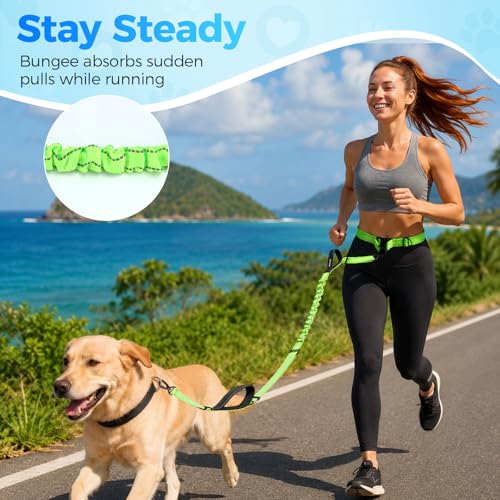 Hands Free Large Dog Leash, 6-8 FT Bungee Leash with Waist Belt for Dog Up to 150 lbs, Running Walking Jogging - color: 1 Dog – Forest Glow