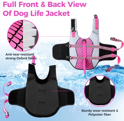 Dog Life Jacket,Shark Pattern High Buoyancy Adjustable Swim Vest with Rescue Handle,D-Ring&Reflective Strips for Boating Swimming Beach (Shark Pattern/Orange, X-Large)