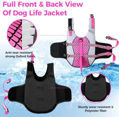 Dog Life Jacket,Shark Pattern High Buoyancy Adjustable Swim Vest with Rescue Handle,D-Ring&Reflective Strips for Boating Swimming Beach (Shark Pattern/Orange, X-Large)