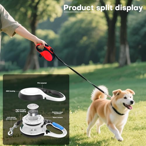 Retractable Dog Leash with Chew Proof Cable,26Ft Heavy Duty Dog Leash for Medium Large Dogs up to 110lbs,360°No Tangle,One-Handed Brake,Pause,Lock(Red) - color: Red, size: 26ft