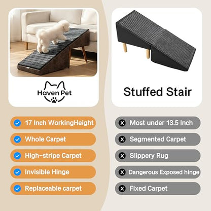 2-in-1 Dog Ramp and Stairs for Bed and Couch, 17 Inch High,Foldable Ottoman Ramp with Non-Slip Replaceable Carpet, Joint Relief for Small and Large Dogs - color: Brown
