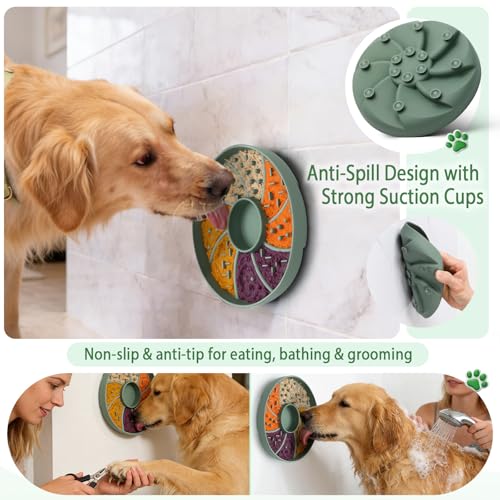 Slow Feeder Dog Bowl Silicone Suction Cup Anti Spill Dogs Cats Green | strong suction base prevents sliding, extends mealtime, reduces anxiety, textured surface, dishwasher safe - color: Green