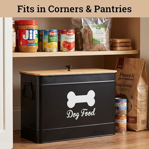 Dog Food Container Airtight 15-20 lb (70 Cup) Capacity with Metal Scoop - Cute Airtight Dog Food Storage Container with Bamboo Lid - Black Metal Kibble Storage Bin for Dogs up to 100 lbs - Big Pet Jar - color: Black