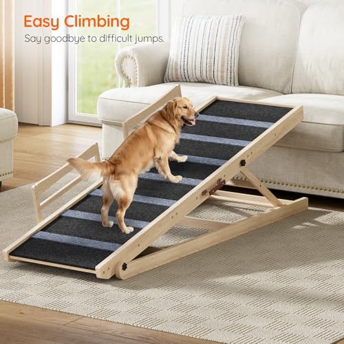 HOOBRO Dog Ramp for Bed, 63" Long Folding Pet Ramp with Non-Slip Mat and Safety Side Rails, 5 Height Adjustable up to 29.5", Wooden Dog Ramp for Couch, for Small/Large Dogs, Natural and Black NB46PT03 - size: 63.0"L x 17.7"W x 3.7"H