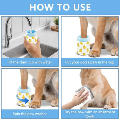 Duck White Print Dog Paw Cleaner Cup with Soft Silicone Brush, Small Lightweight Portable Muddy Paw Washer for Dogs, Easy to Use Pet Foot Cleaner