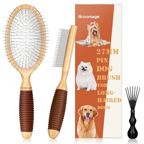 Dog Brush for Long Haired Dogs, 27mm Extra Long Metal Pin Dog Deshedding Brush and Comb Set, Short Haired Shedding Grooming Detail Pets Brush Set with Rubber Handle - color: Set-3 Pcs