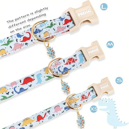 PREHAI Light Blue Dinosaur Dog Collar Funny Spring Summer Collars with Cute Dinosaurs Pattern for Boy Male Small Medium Large Dogs L - color: Light Blue Dinosaur, size: L