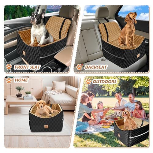 Dog Car Seat for Small and Medium Dogs Up to 35 lbs –Memory Foam Dog Booster Seat with Safety Leash & Storage Pockets, Fits Front & Back Car Seats, Removable Washable Cover – Black & Brown - color: Small-Black/brown