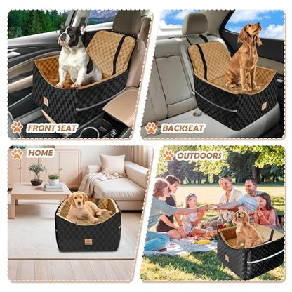 Dog Car Seat for Small and Medium Dogs Up to 35 lbs –Memory Foam Dog Booster Seat with Safety Leash & Storage Pockets, Fits Front & Back Car Seats, Removable Washable Cover – Black & Brown - color: Small-Black/brown