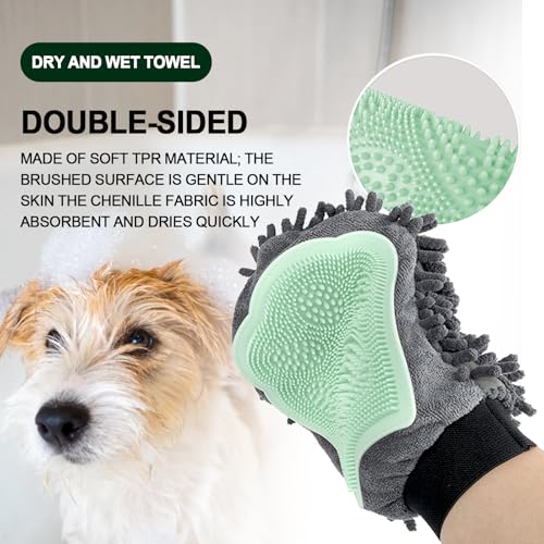 Green Double-Sided Dog Bath Glove Dog Washing Glove Massage Dog Brush Glove for Dogs and Cats Chenille Absorbent Pet Towel Mitt Pet Grooming Glove for Hair Removal Glove