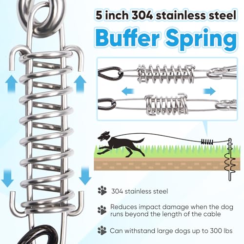 Heavy Duty Dog Tie-Out Cable and Stake for Yard Camping, with 30ft Heavy Duty Cable with Spring, for Small Medium Large Dogs up to 210 lbs, 360°Swivel Dog Run- No Tangle, Spiral Dog Stake (Black+30FT) - color: Black+30FT