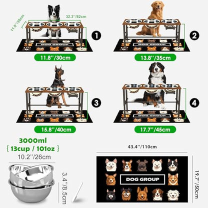 SHAINFUN Adjustable Height Elevated Dog Bowl Stand for Large & Extra Large Dogs – Wooden Raised Dog Bowls with Three 101oz Stainless Steel Bowls & Mat, Stainless Steel Food & Water Station - color: Brown-3L-Three