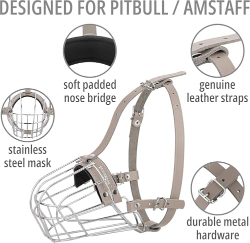 BRONZEDOG Pitbull Dog Muzzle Breathable Metal Basket for Large Dogs Amstaff Staffordshire Terrier Biting Chewing Barking (Leather, Gray) - color: Leather, Gray