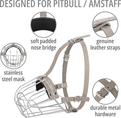 BRONZEDOG Pitbull Dog Muzzle Breathable Metal Basket for Large Dogs Amstaff Staffordshire Terrier Biting Chewing Barking (Leather, Gray) - color: Leather, Gray