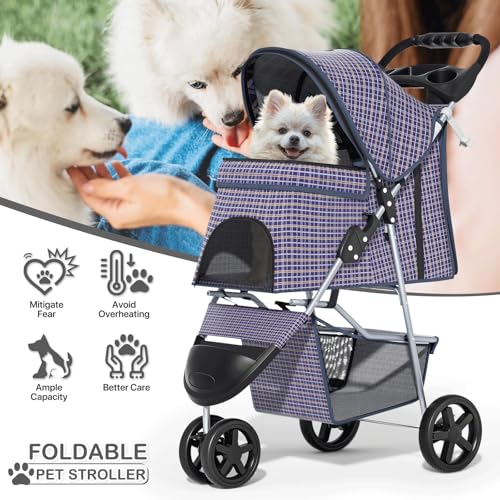 MoNiBloom 3 Wheels Pet Dog Cat Stroller for Small Medium Dogs Cats, Lightweight Foldable Jogger Stroller w/Storage Basket and Cup Holder, Plaid - color: Plaid