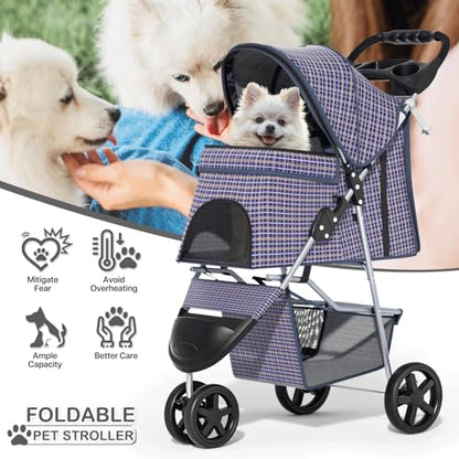MoNiBloom 3 Wheels Pet Dog Cat Stroller for Small Medium Dogs Cats, Lightweight Foldable Jogger Stroller w/Storage Basket and Cup Holder, Plaid - color: Plaid