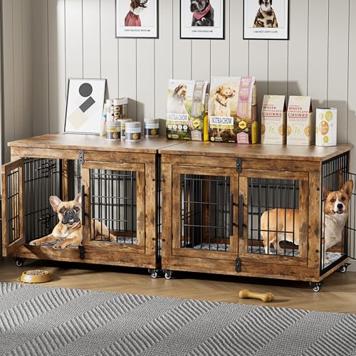 Lulive Dog Crate Furniture Set of 2, Dog Kennel Indoor Double Doors Wooden Dog Cage, 32'' Heavy Duty Dog Crate with Cushion & Wheels, End Table Pet House Chew-Resistant Up to 45 lb, Rustic Brown - color: Set of 2 Brown, size: 32.5"L x 22.1"W x 25.2"H