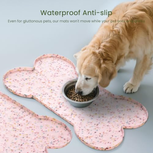 PWTAA Dog Food Mat Anti-Slip Silicone Dog Bowl Mat Thicker Pet Placemat Waterproof Cat Feeder Pad with Raised Edge Puppy Kitten Feeding Mats Suitable Small Medium-Sized Dogs Cats Eating Tray - 2PCS - color: Donut Pink, size: 19.4" x 9.8"-2PCS