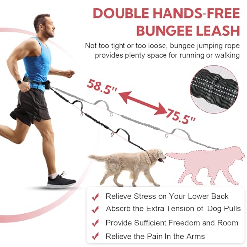 Hands Free Dog Leash, Waist Leash for Dog Walking, Hiking and Running,Adjustable Belt with Double Handle for Large Dogs and Medium Dogs, Dog Walking Accessories,Tangle Free,No Pull - color: Black/Pink