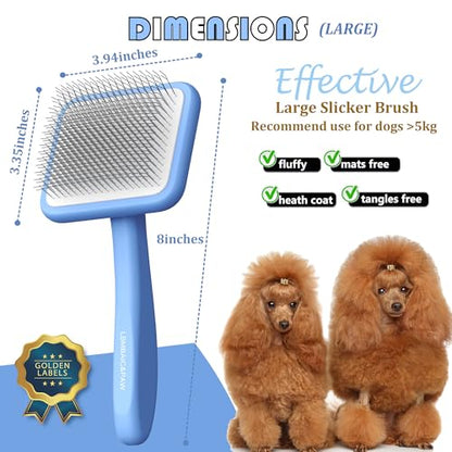Dog Slicker Brushes for Poodles,Doodles,Goldendoodles,Bernedoodle.Dog Brushes for Thick Long Curly Fur Deshedding,Fluff,Grooming.Remove Loose Fur Quick Easy.Long Pin Slicker Brush.Wooden(Large) - color: Blue