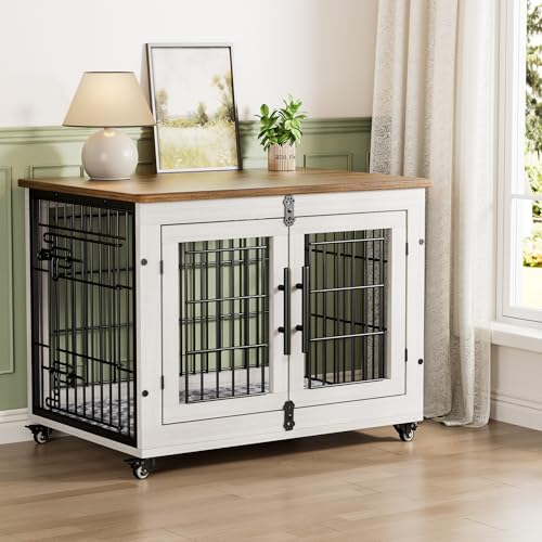 Lulive Dog Crate Furniture for Medium Dogs, 32'' Dog Kennel Indoor with Cushion & Wheels Wooden Dog Cage Double Doors Dog Crate End Table, White - color: White Set of 1, size: 32.5"L x 22.1"W x 25.2"H