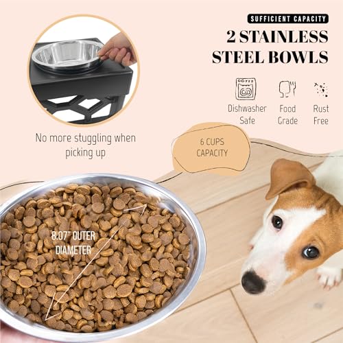 AVERYDAY Elevated Dog Bowls, 4 Height Adjustable Stand for Medium and Large Dogs, Raised Dog Feeder Holder with 2 Stainless Steel Food and Water Bowls, Anti-Slip Base Tall Feeding Station - color: Black stand + 2 food bowls, size: Large