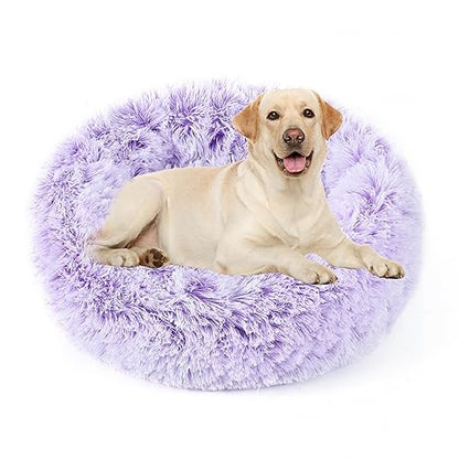 NOYAL Calming Donut Dog Bed for Small to Medium Dogs & Cats - Plush Faux Fur Anti-Anxiety Pet Bed with Machine Washable Cover & Non-Slip Base - color: Gradient Purple, size: Medium 23.6''