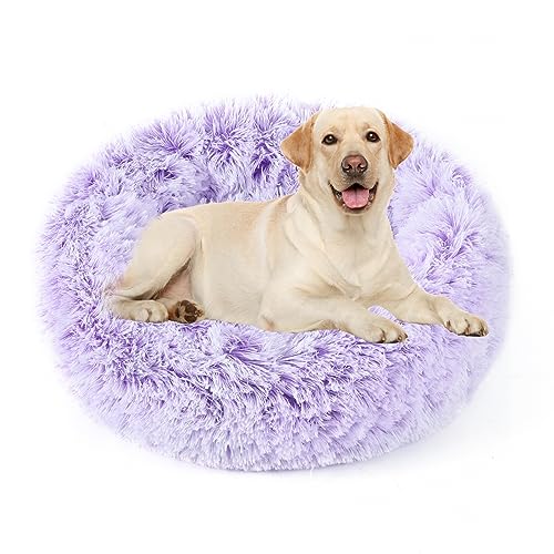 NOYAL Calming Donut Dog Bed for Small to Medium Dogs & Cats - Plush Faux Fur Anti-Anxiety Pet Bed with Machine Washable Cover & Non-Slip Base - color: Gradient Purple, size: Medium 23.6''