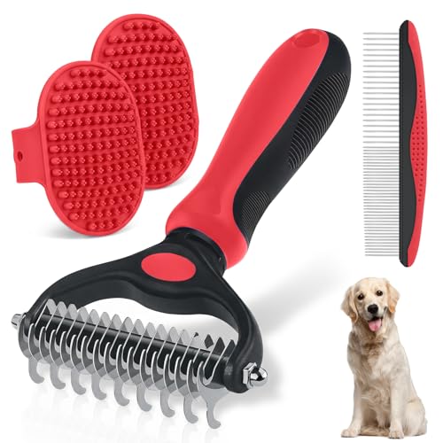 Double-Sided Pet Grooming Rake - 4-in-1 Professional Pet Grooming Kit Deshedding Dematting Tool for Dogs Cats Extra-Wide Grooming Brush & Deshedder Comb for Long & Short Haired Pets (Red Kit 4PCS) - color: Red