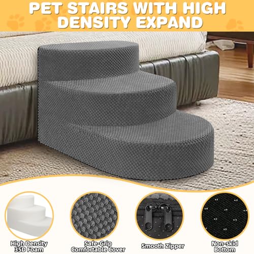 Dog Stairs 3 Steps Foam Pet Ramp for Small Dogs Cats, Grey | Non-slip foam stairs with washable cover, ideal for beds & sofas. Sturdy, safe & easy to clean. - color: Gray-3-Step