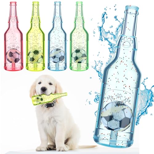 Soulchen 4 Pcs Water Bottle Dog for Aggressive Chewers Cute Squeaky Toys with Ball Inside Interactive Fetch Training Floating Rubber for Teething, Durable Bottle for Small Medium Large Dogs