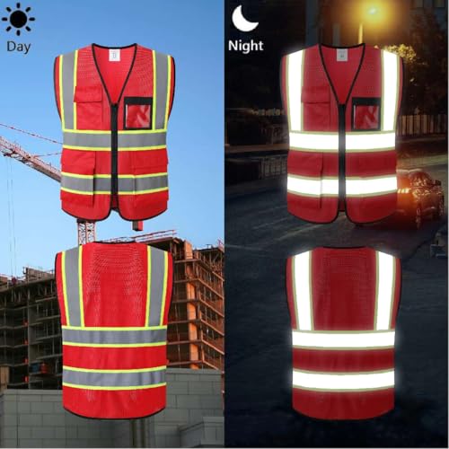 Reflective Safety Vest for Men Women Hi Vis Vest with 8 Pockets High Visibility Mesh Reflective Vest Meets ANSI/ISEA Standards (Red-07,Medium) - color: Red, size: Medium