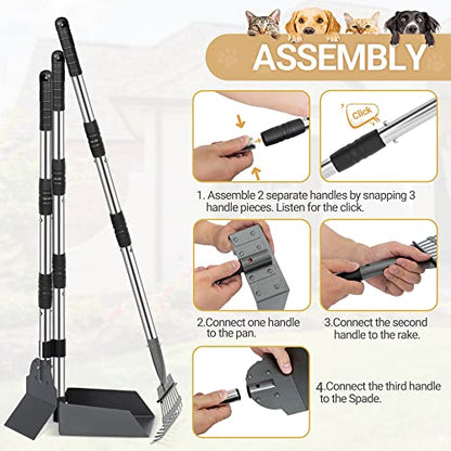Heeyoo Dog Pooper Scooper, Dog Poop Tray and Rake Set, Pet Waste Removal Scoop with Long Adjustable Sectional Stainless Handles - color: Silver/Black