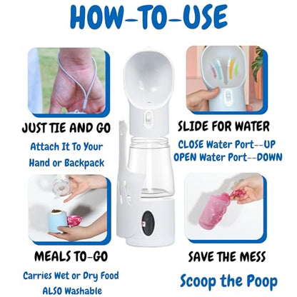 All-in-One Portable Dog Water Bottle, Food Dispenser, Poop Bag Dispenser, Dry/Wet Food Container 7 oz., Travel Water Bottle 9oz., 2 Poop Bags Included, Food Grade Plastic, Leak Proof-Grey Color