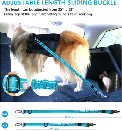 AUBELL Dog Seat Belt for Car,2 Pack Set 3-in-1 Adjustable Reflective Bungee Heavy Duty Dog Car Harness Tether with Clip Hook Latch & Buckle,Swivel Zinc Alloy Carabiner,Black+Blue - color: Set Black+Blue