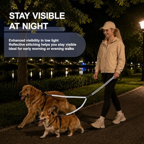 Double Dog Leash for Two Dogs, Complete Set with 31.5" Main Leash + Adjustable Splitter, Padded Handle, D-Ring, 360° Swivel, Shock-Absorbing Bungee, Reflective for Small Medium Large Dogs (Pink) - color: Pink