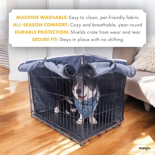 Wrangler Denim Dog Crate Cover – Durable, Breathable & Stylish Dog Kennel Cover with Rollable Panels & Front Pocket for Accesories - Machine Washable Crate Covers for Dog Cages (S) - size: S